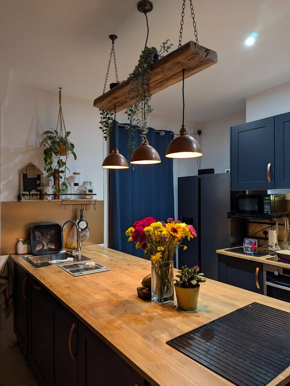 Wooden Beam Light with Copper Shades | Kitchen Island & Breakfast Bar Lighting