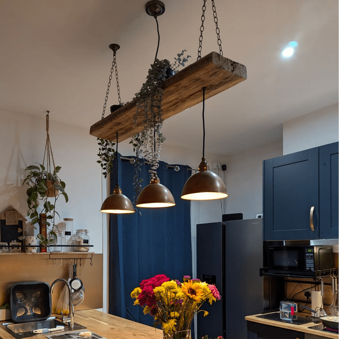 Wooden Beam Light with Copper Shades | Kitchen Island & Breakfast Bar Lighting