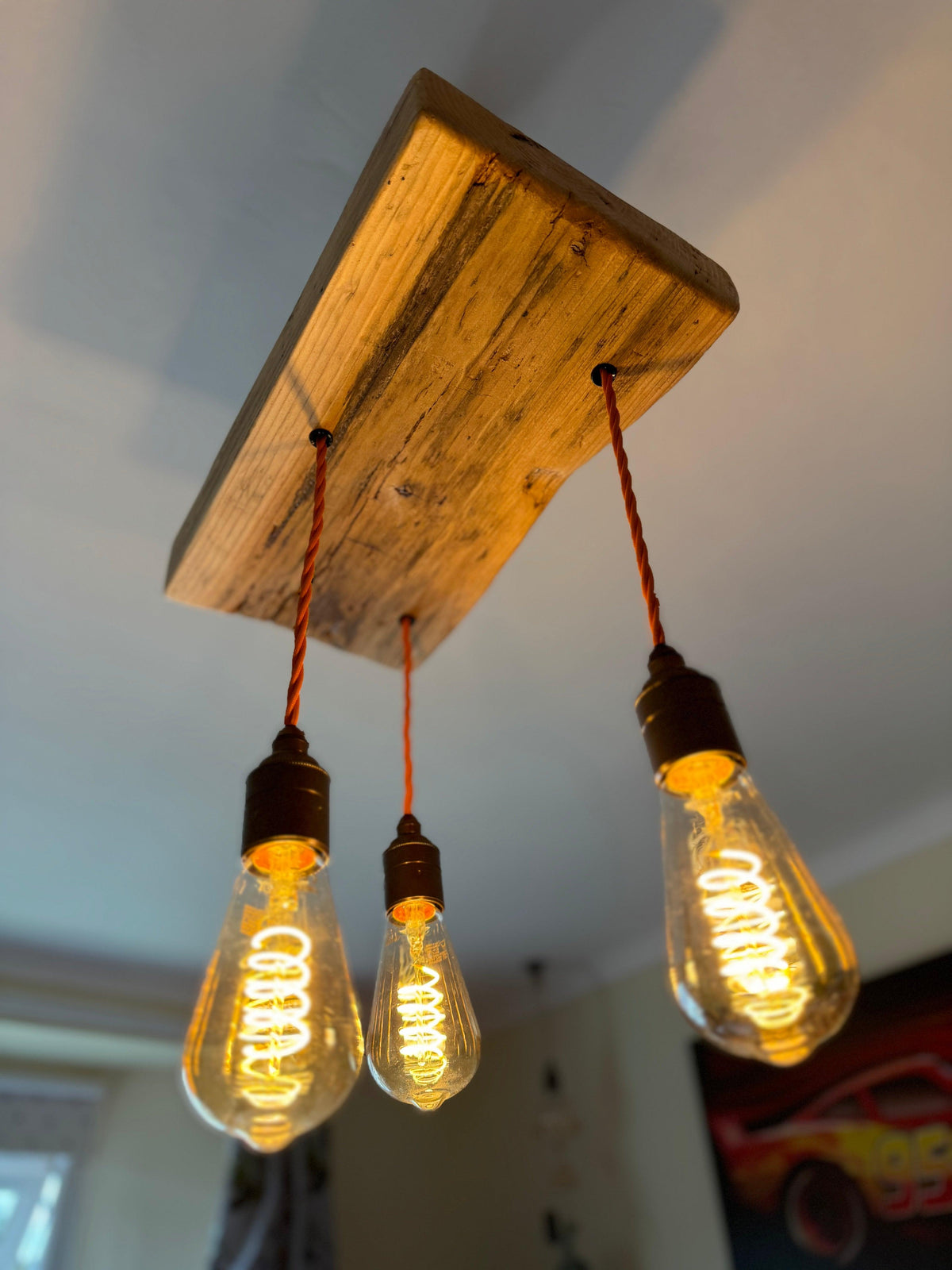 Triple Wooden Beam Chandelier | 3 Pendant Kitchen Island & Dining Lighting UK