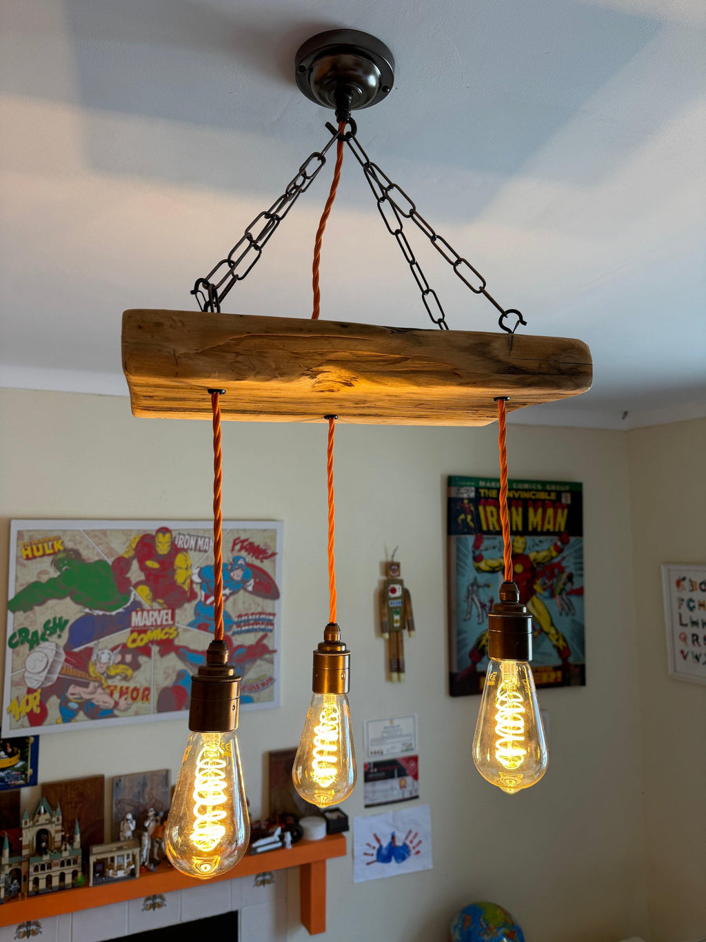 Triple Wooden Beam Chandelier | 3 Pendant Kitchen Island & Dining Lighting UK