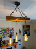 Triple Wooden Beam Chandelier | 3 Pendant Kitchen Island & Dining Lighting UK