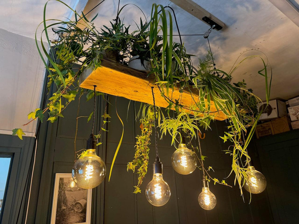 Wooden Beam Chandelier for Plants | Kitchen Island Lighting with Planter Shelf