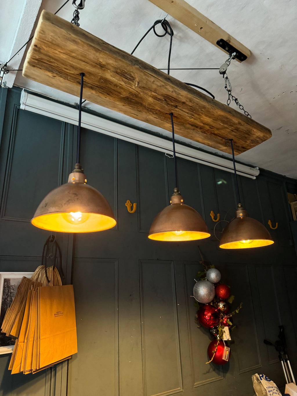 Wooden Beam Light with Copper Shades | Kitchen Island & Breakfast Bar Lighting