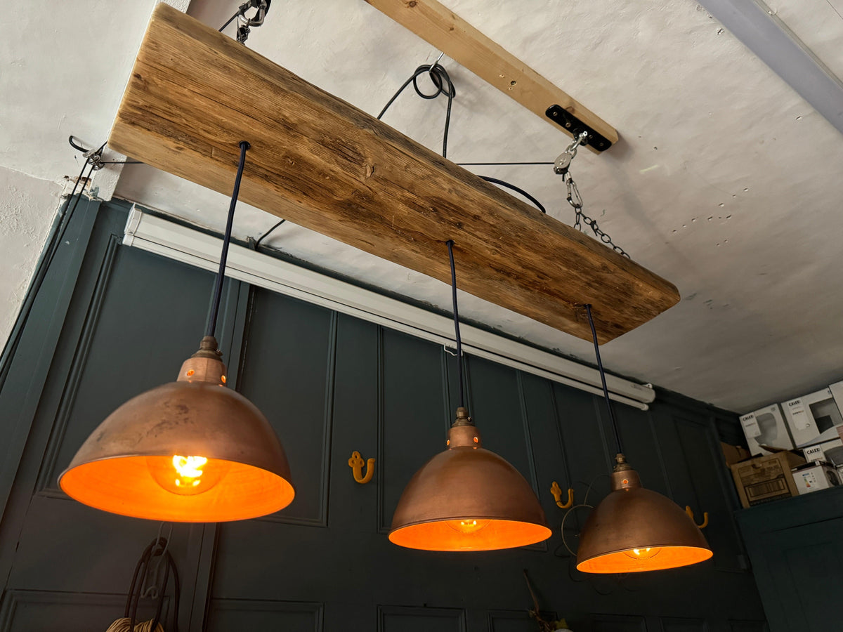 Wooden Beam Light with Copper Shades | Kitchen Island & Breakfast Bar Lighting