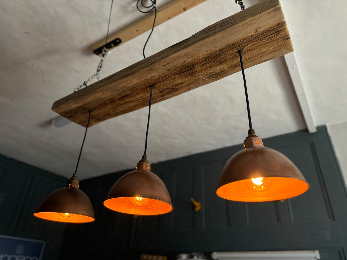 Wooden Beam Light with Copper Shades | Kitchen Island & Breakfast Bar Lighting