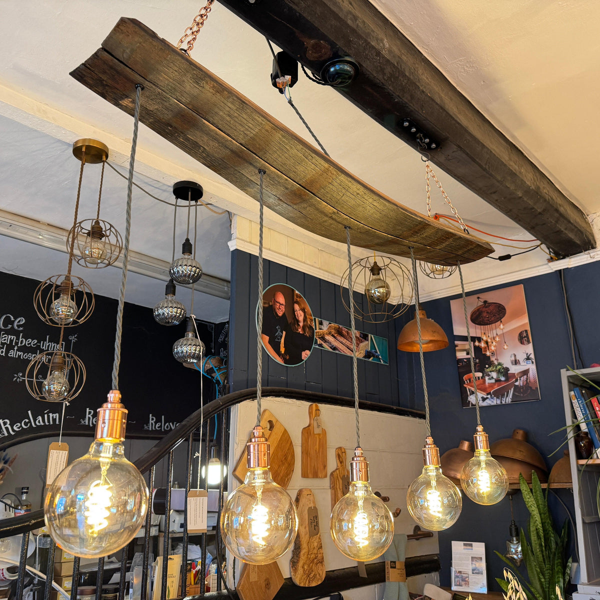 Curved Oak Stave Chandelier | Rustic Dining Table & Kitchen Island Lighting