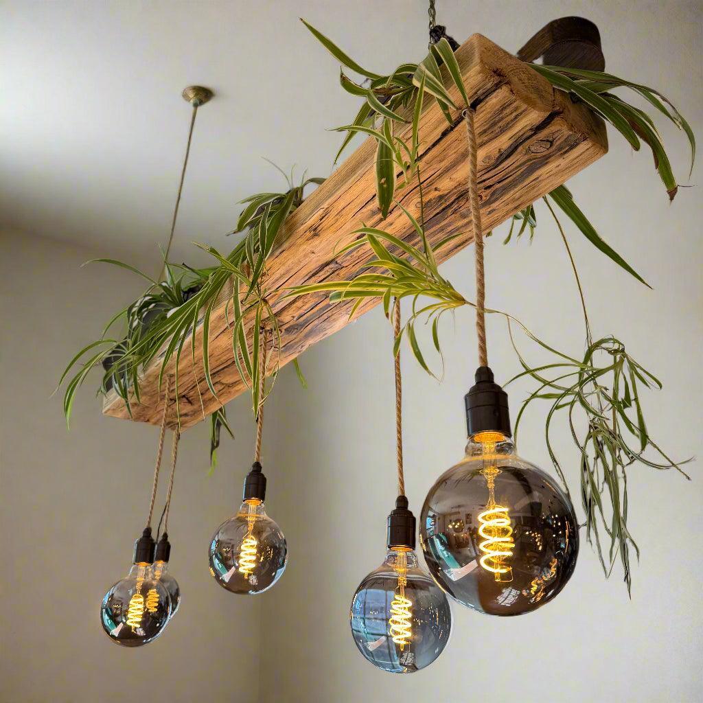 Wooden Beam Chandelier for Plants | Kitchen Island Lighting with Planter Shelf