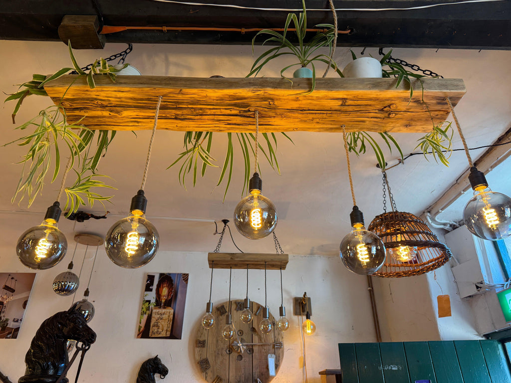 Wooden Beam Chandelier for Plants | Kitchen Island Lighting with Planter Shelf