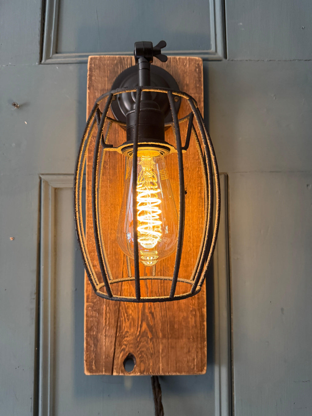 Rustic Oak & Metal Wall Light | Caged Wall Sconce for Hallways & Staircases