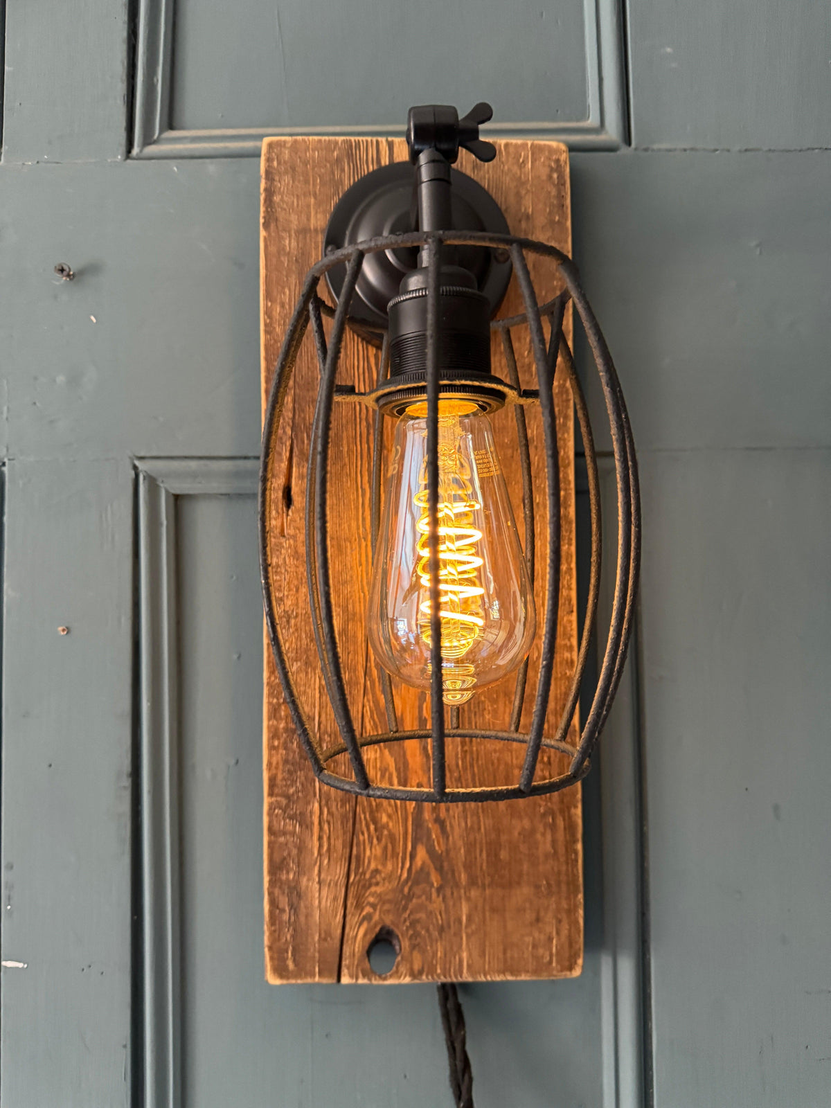 Rustic Oak & Metal Wall Light | Caged Wall Sconce for Hallways & Staircases