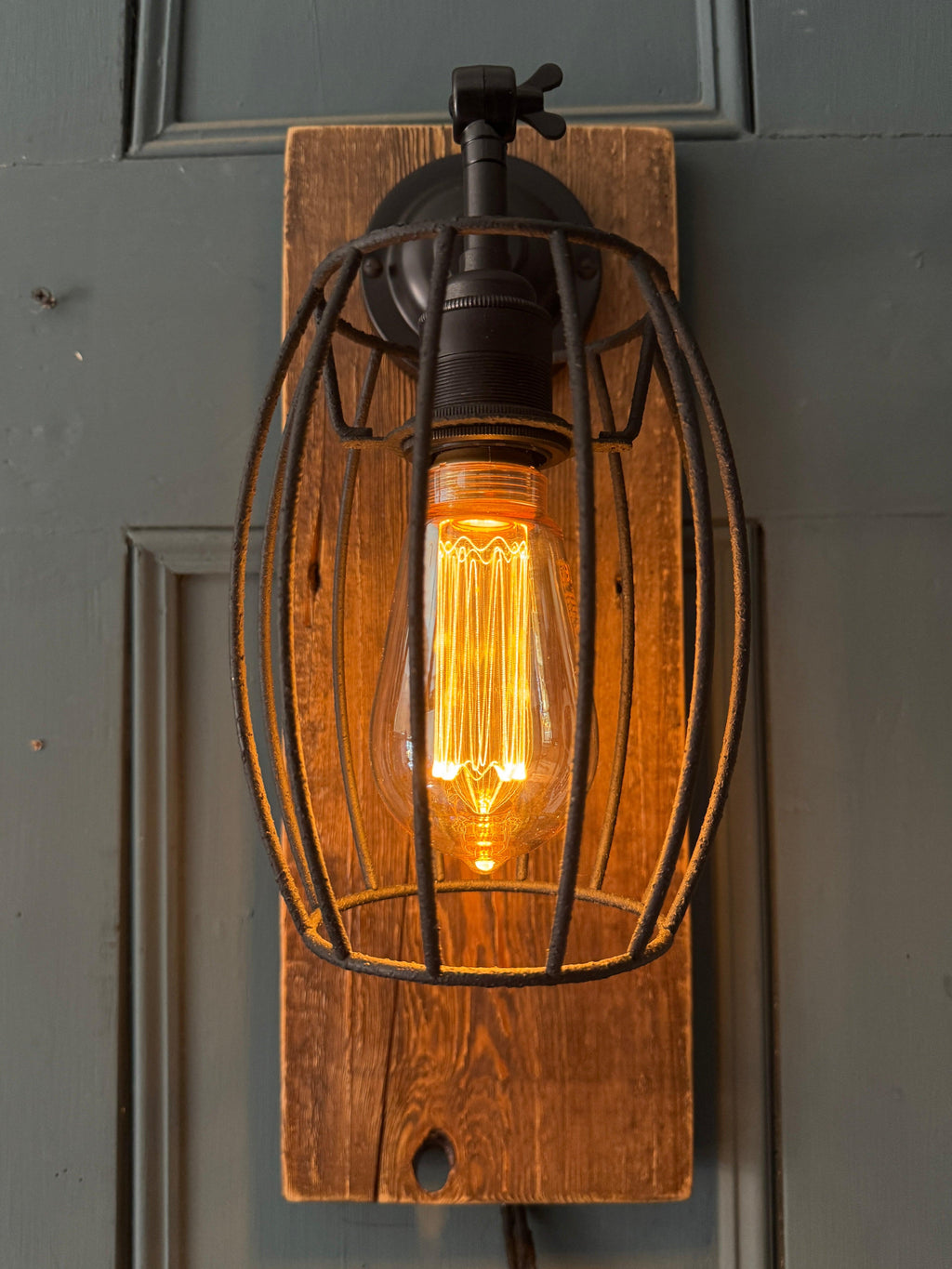 Rustic Oak & Metal Wall Light | Caged Wall Sconce for Hallways & Staircases