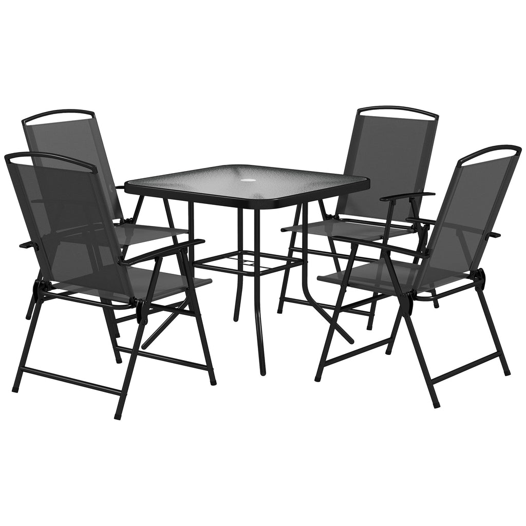 5 Pieces Outdoor Patio Dining Set w/ Glass Top Table & 4 Mesh Folding Chairs, Grey