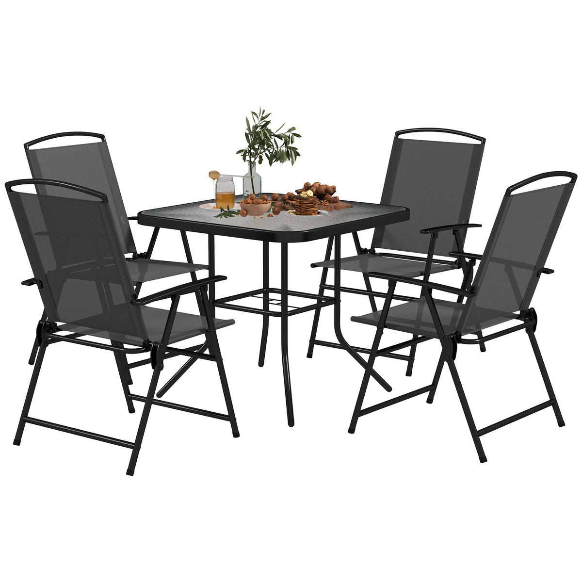 5 Pieces Outdoor Patio Dining Set w/ Glass Top Table & 4 Mesh Folding Chairs, Grey