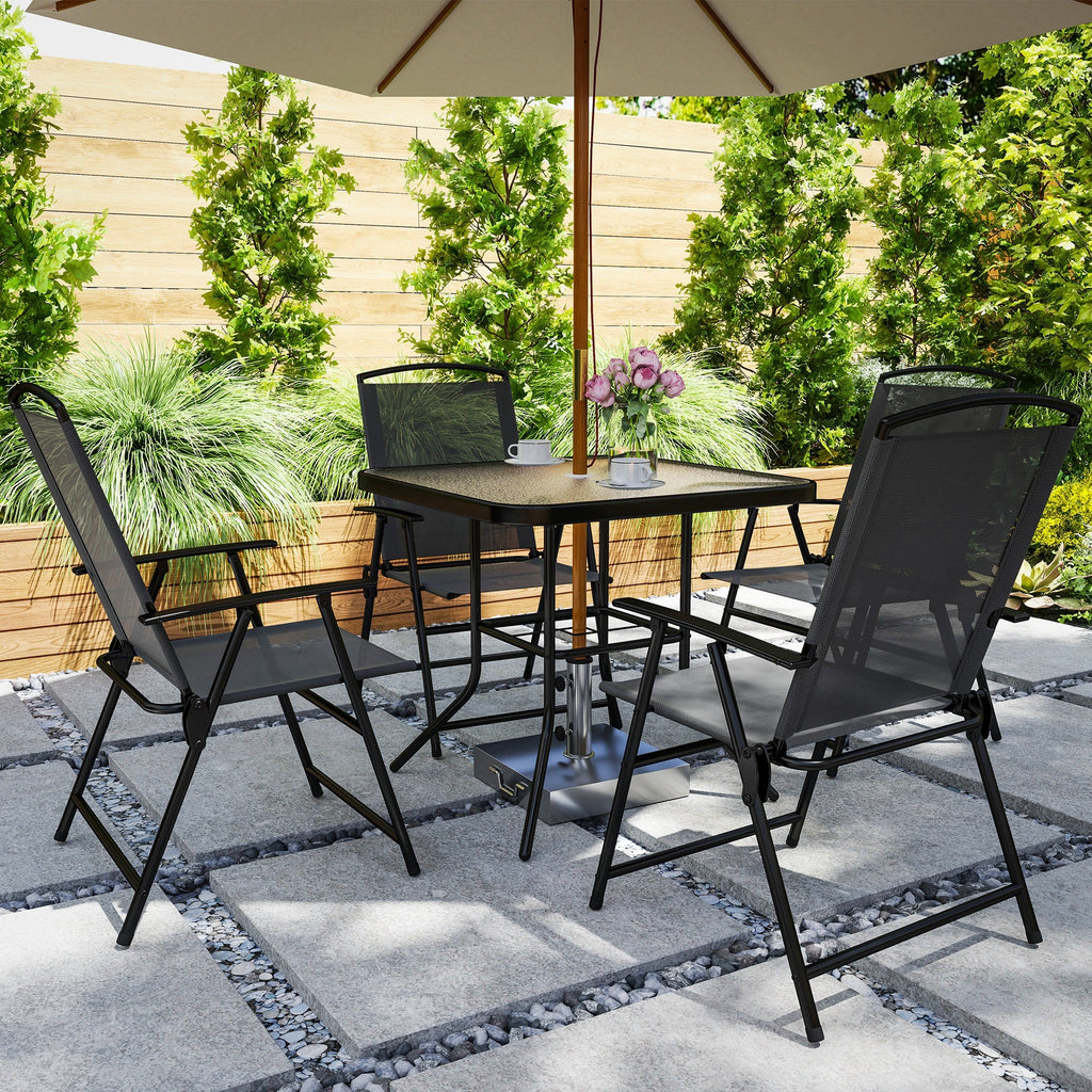 5 Pieces Outdoor Patio Dining Set w/ Glass Top Table & 4 Mesh Folding Chairs, Grey