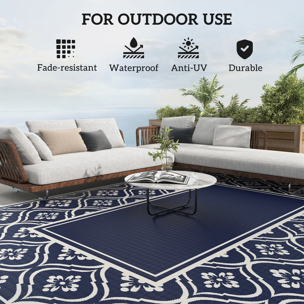9' x 12' Outdoor Rug Waterproof Reversible Blue & White Gourd Border