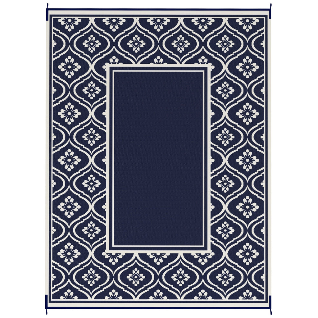 9' x 12' Outdoor Rug Waterproof Reversible Blue & White Gourd Border