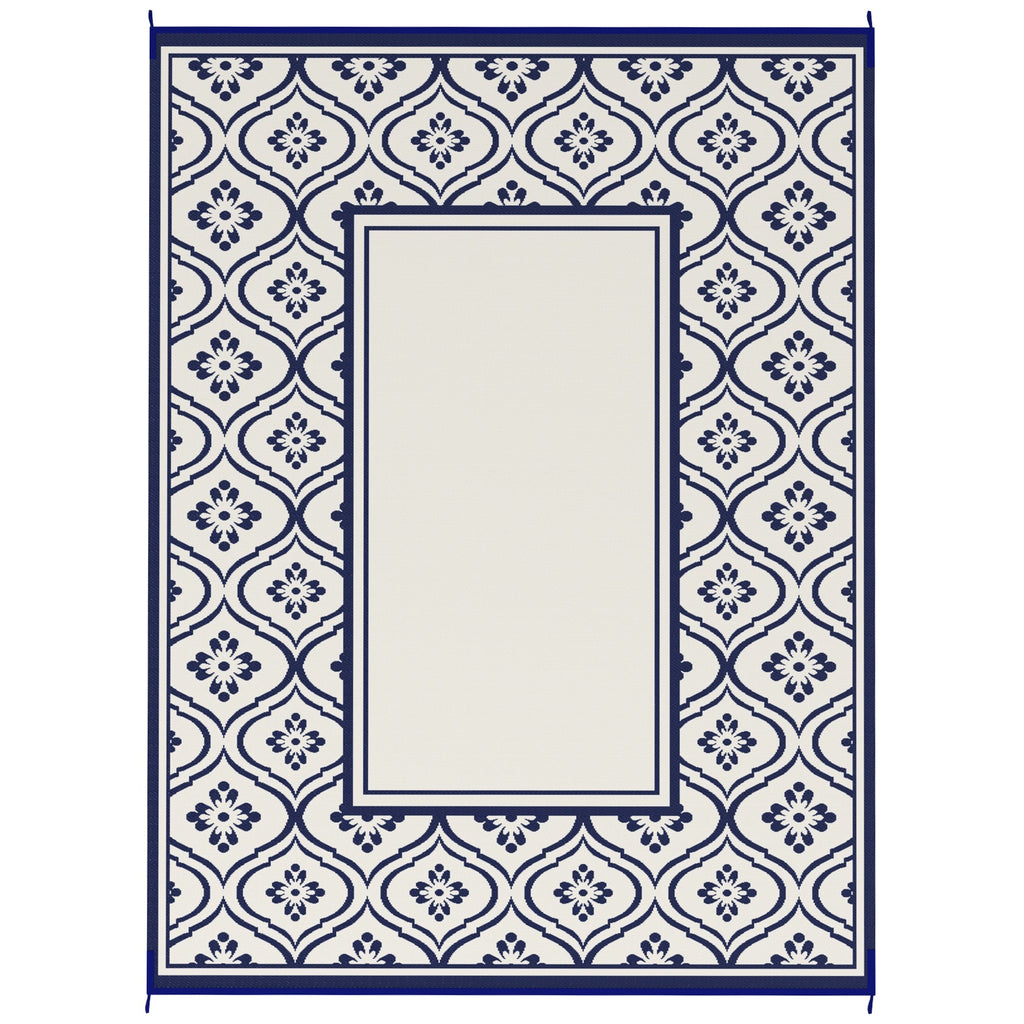 9' x 12' Outdoor Rug Waterproof Reversible Blue & White Gourd Border