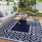9' x 12' Outdoor Rug Waterproof Reversible Blue & White Gourd Border