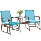Double Patio Glider Chair with Glass Top Center Table, All Weather Breathable Mesh Fabric, Blue