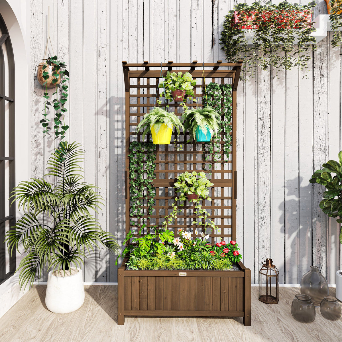 Raised Garden Bed, Wood Planter with Trellis for Vine Climbing, Privacy Screen Planter Box to Grow Vegetables, Herbs, and Flowers for Backyard, Patio, Deck, Coffee