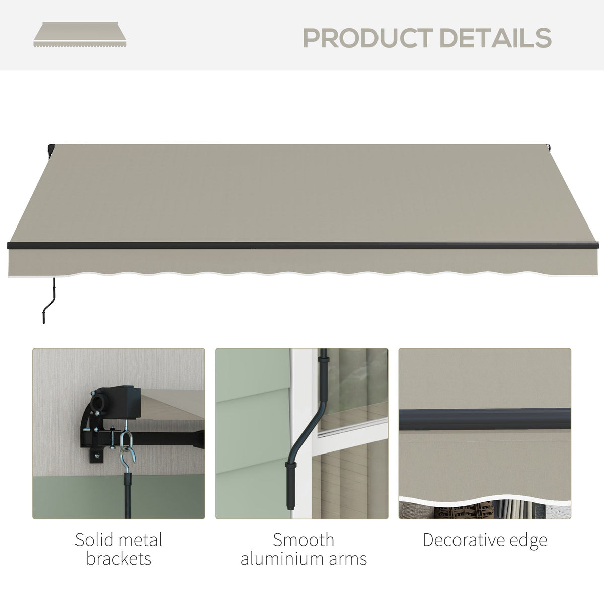 13' x 10' Retractable Awning with Manual Crank, 280gsm UV Resistant Fabric and Aluminum Frame, Light Grey