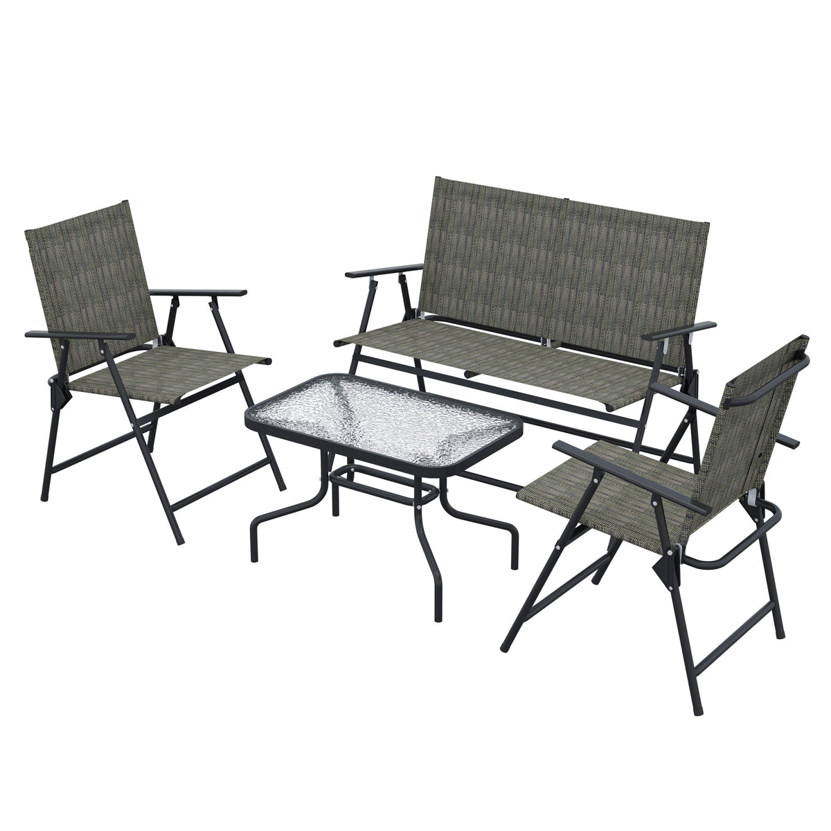 4 Piece Patio Furniture Set with Foldable Chairs & Glass Top Table, Mixed Brown