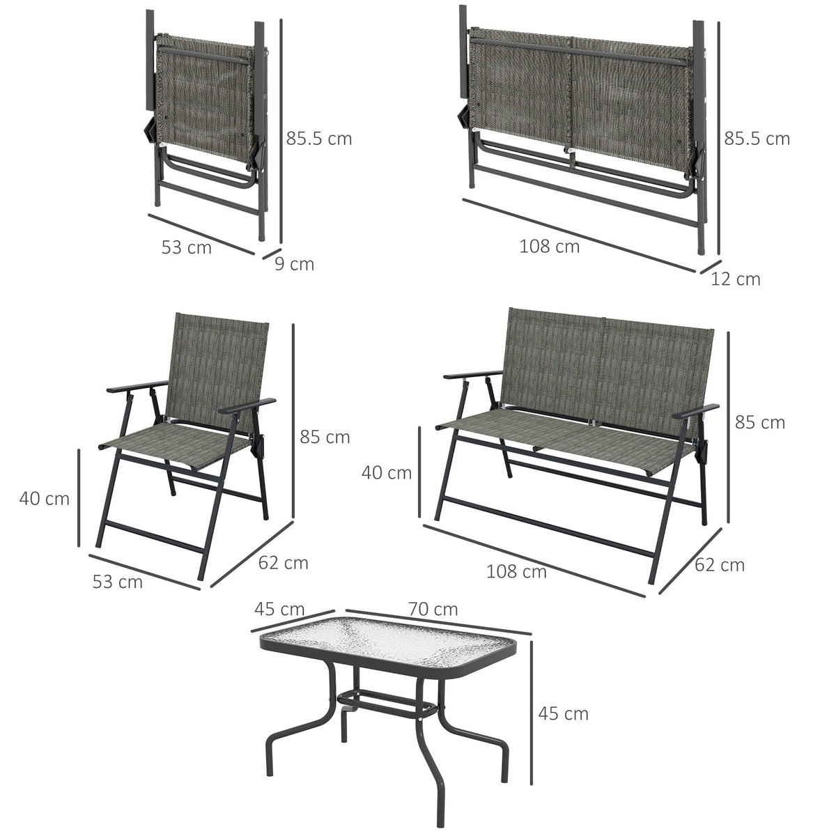 4 Piece Patio Furniture Set with Foldable Chairs & Glass Top Table, Mixed Brown