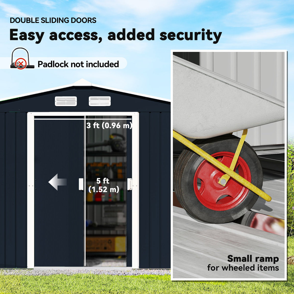 EverBase 9' x 6' Metal Garden Storage Shed with Foundation Kit & Double Doors, Dark Grey