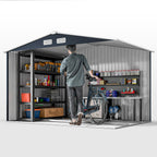 EverBase 9' x 6' Metal Garden Storage Shed with Foundation Kit & Double Doors, Dark Grey