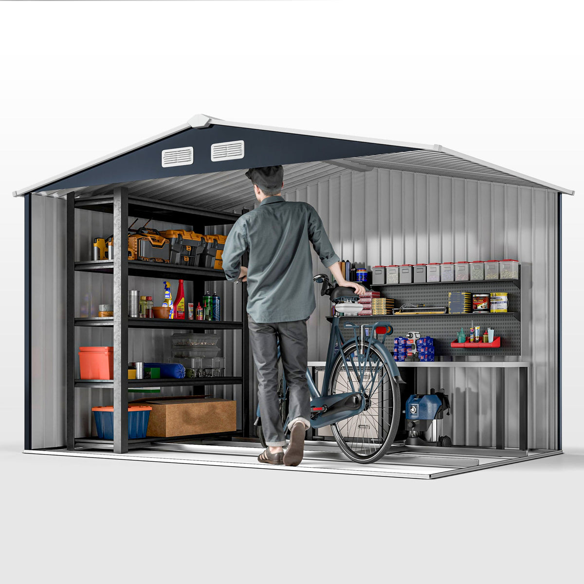 EverBase 9' x 6' Metal Garden Storage Shed with Foundation Kit & Double Doors, Dark Grey