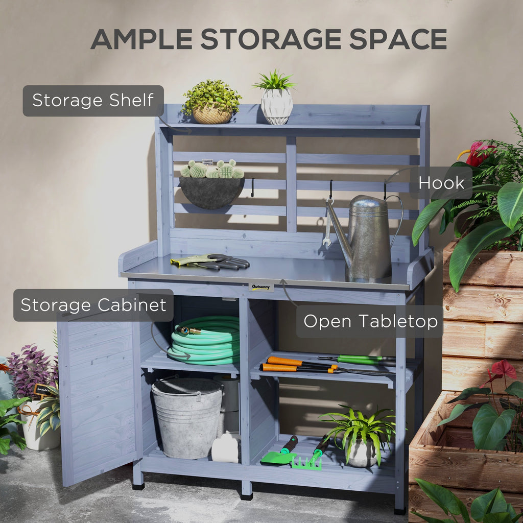 Wooden Potting Bench with Storage Cabinet & Shelves, for Backyard, Garden, Gray