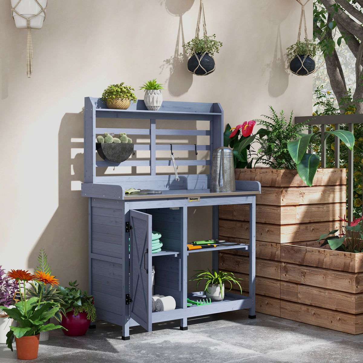 Wooden Potting Bench with Storage Cabinet & Shelves, for Backyard, Garden, Gray