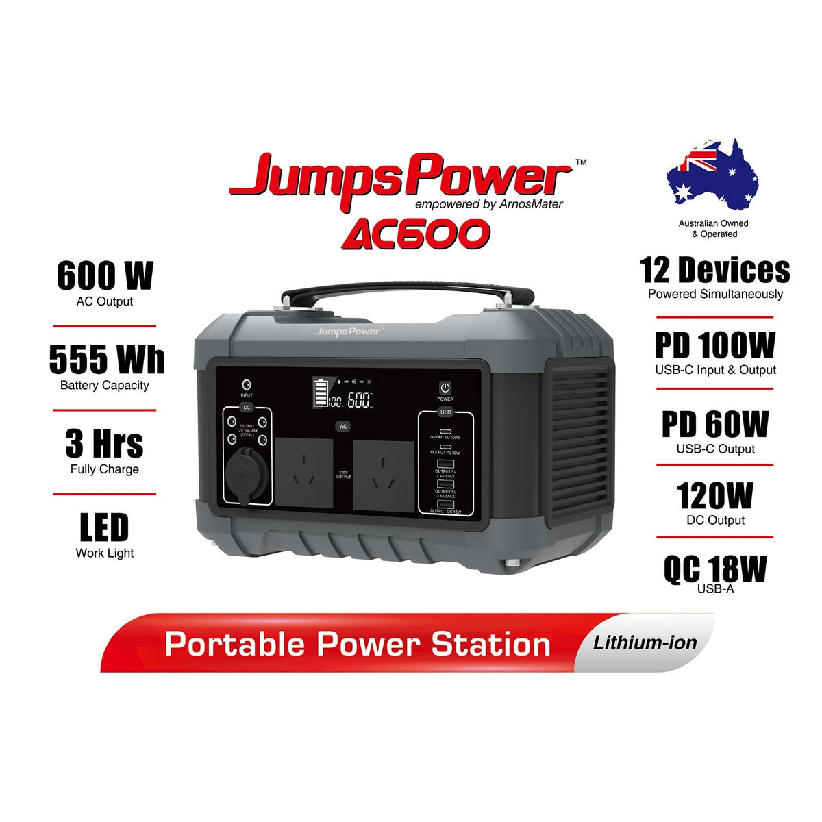 600W Portable Power Station JUMPSPOWER Battery Charger 555Wh LED Light