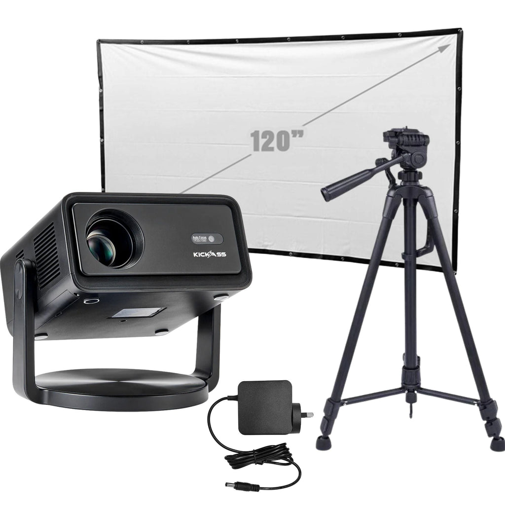 KickAss 12V FHD Outdoor Cinema Smart Projector Bundle with AC to DC Adapter, Tripod and 120" Eyelet Projector Screen