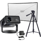 KickAss 12V FHD Outdoor Cinema Smart Projector Bundle with AC to DC Adapter, Tripod and 120" Eyelet Projector Screen