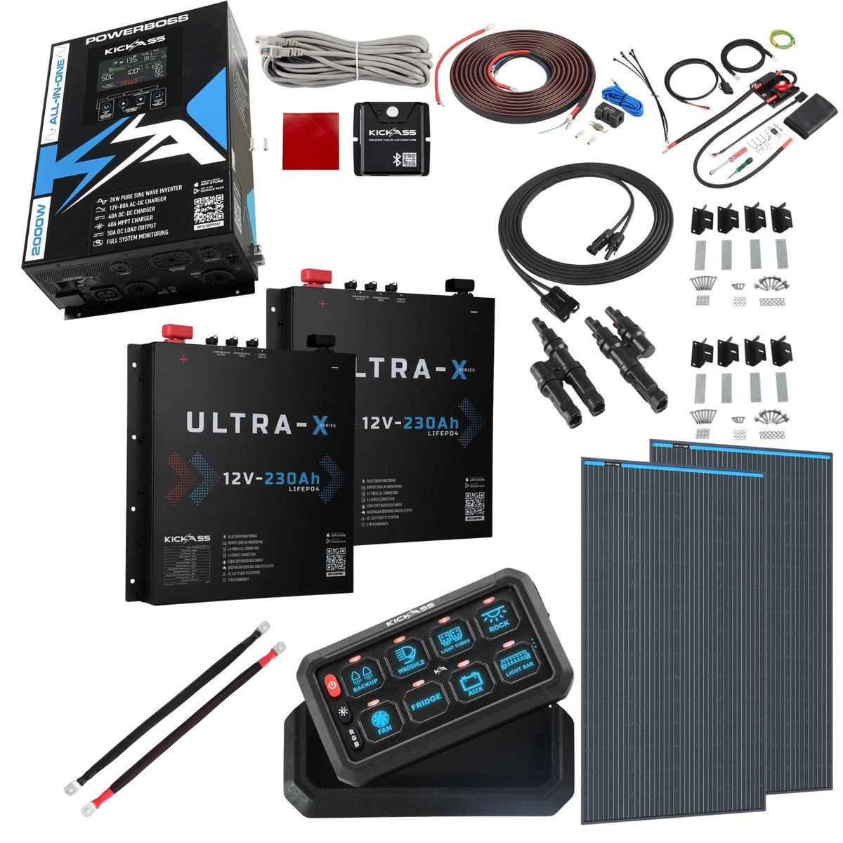 KickAss PowerBoss 2000W Off-Grid System with Bluetooth, Alternator Wiring Kit & 460Ah Slimline Battery Setup