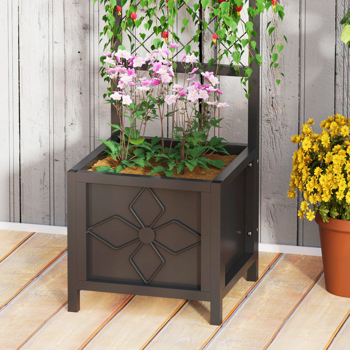 Galvanized Raised Garden Bed with Trellis, Drainage Holes, Privacy Screen,15.7" x 15.7" x 55.1"