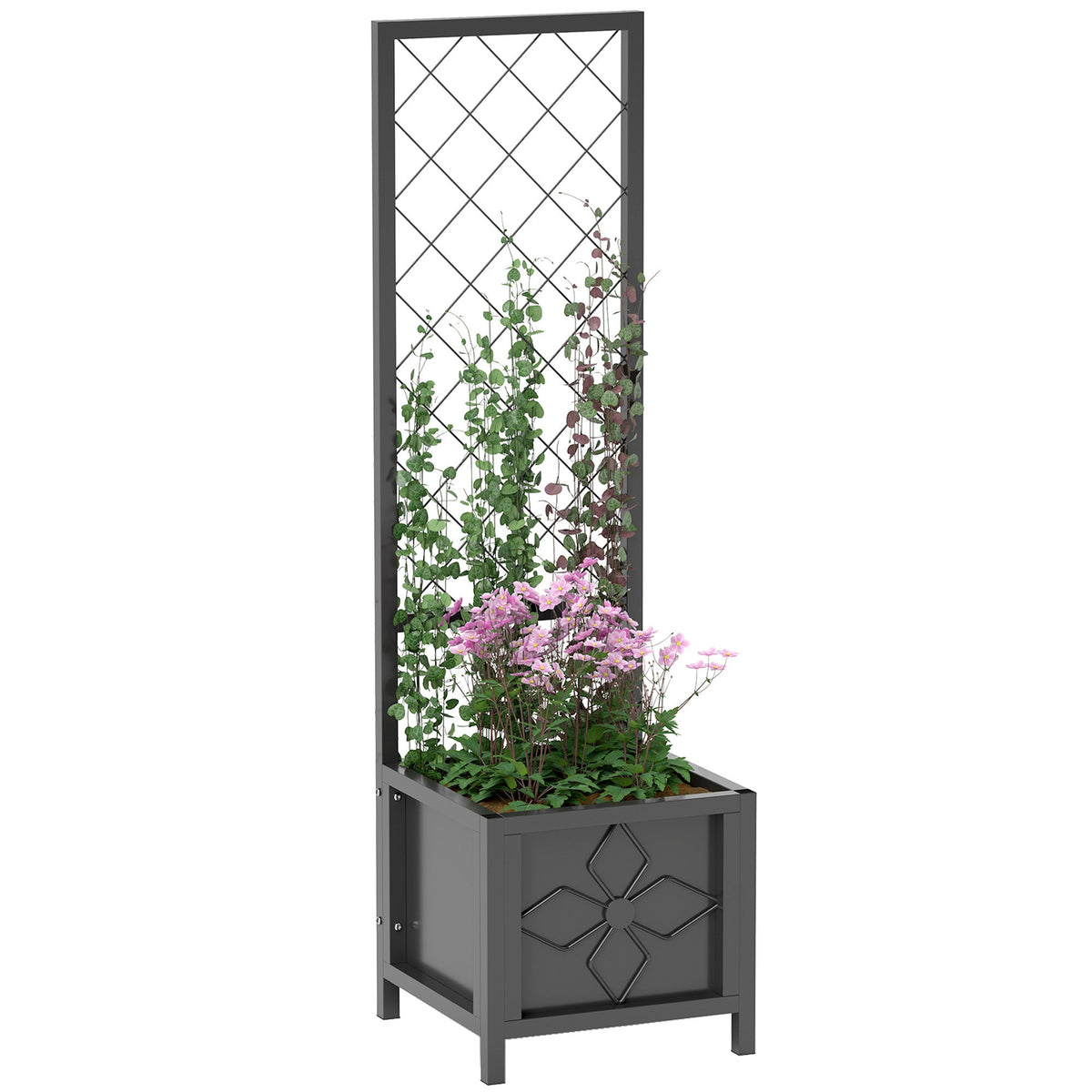 Galvanized Raised Garden Bed with Trellis, Drainage Holes, Privacy Screen,15.7" x 15.7" x 55.1"