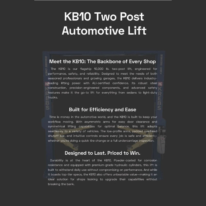 KREBS KB10/H 10,000lb 2-Post Automotive Lift