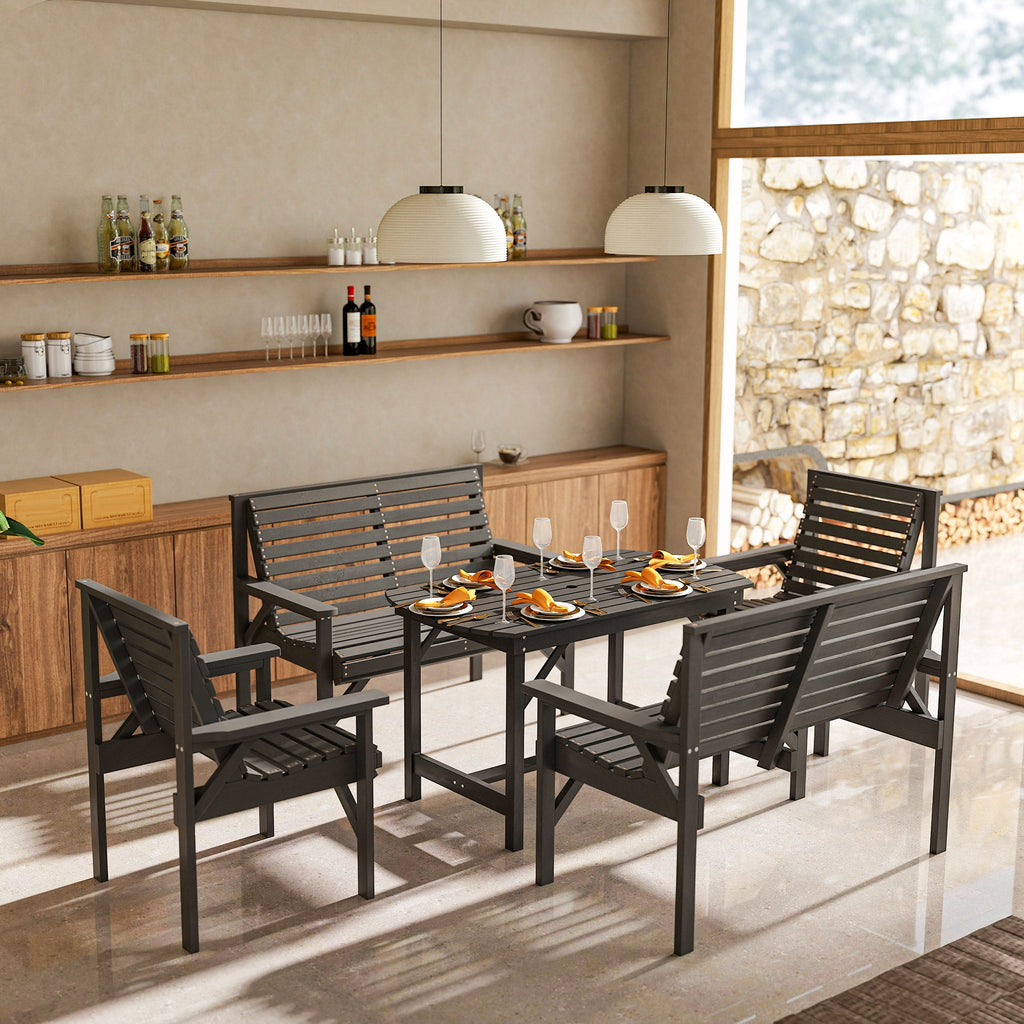 5 Piece Wooden Garden Dining Set for 6 with Umbrella Hole Table, Grey