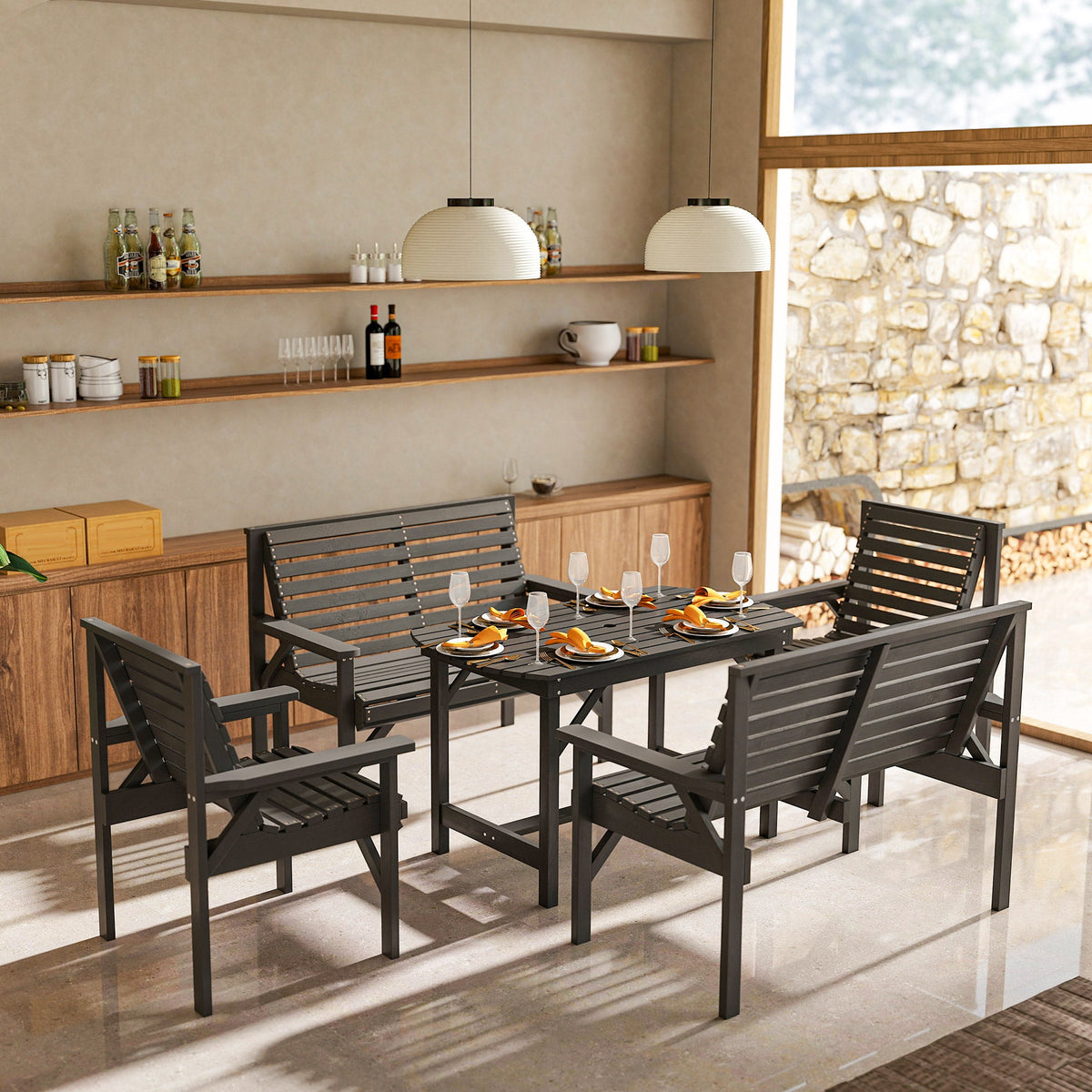 5 Piece Wooden Garden Dining Set for 6 with Umbrella Hole Table, Grey