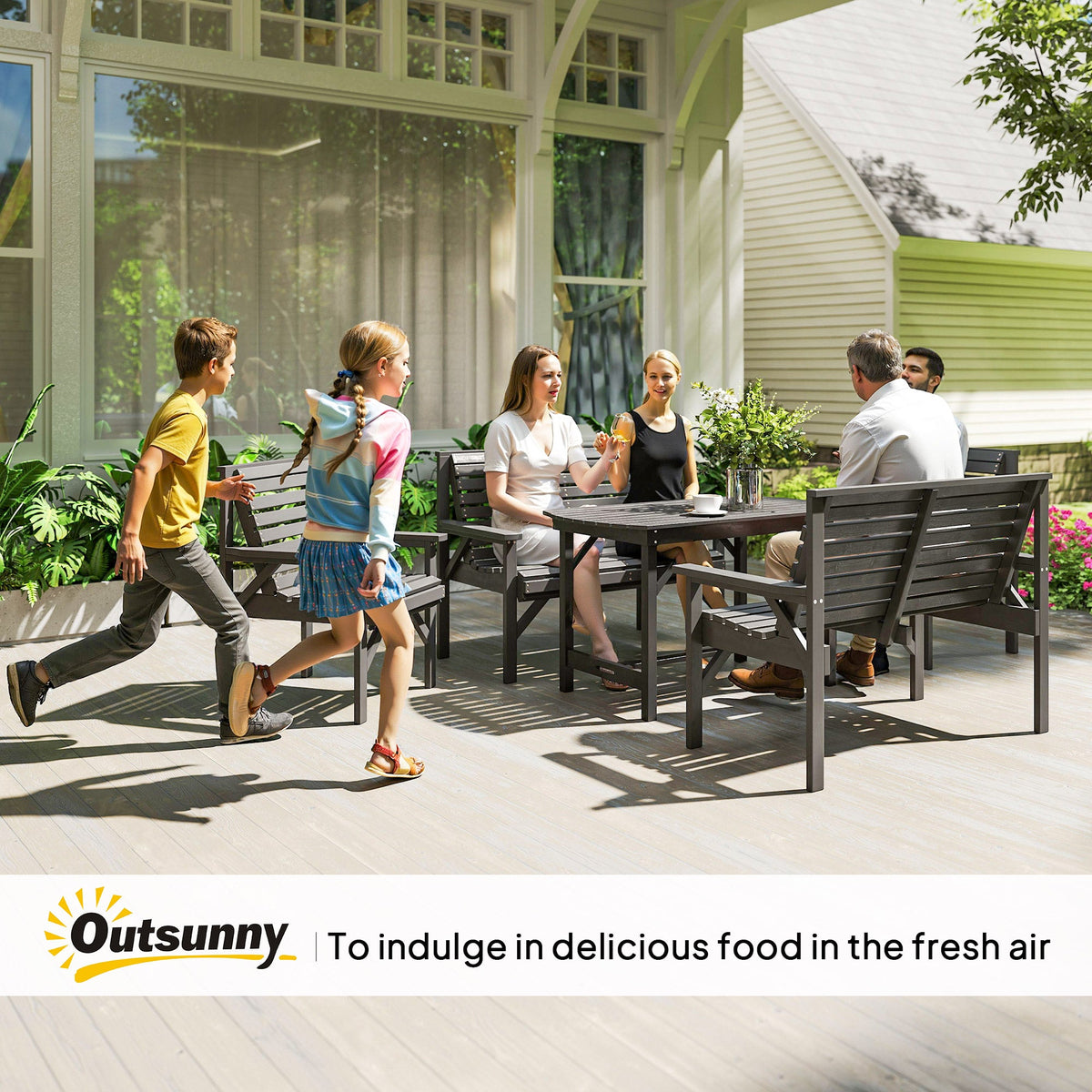 5 Piece Wooden Garden Dining Set for 6 with Umbrella Hole Table, Grey