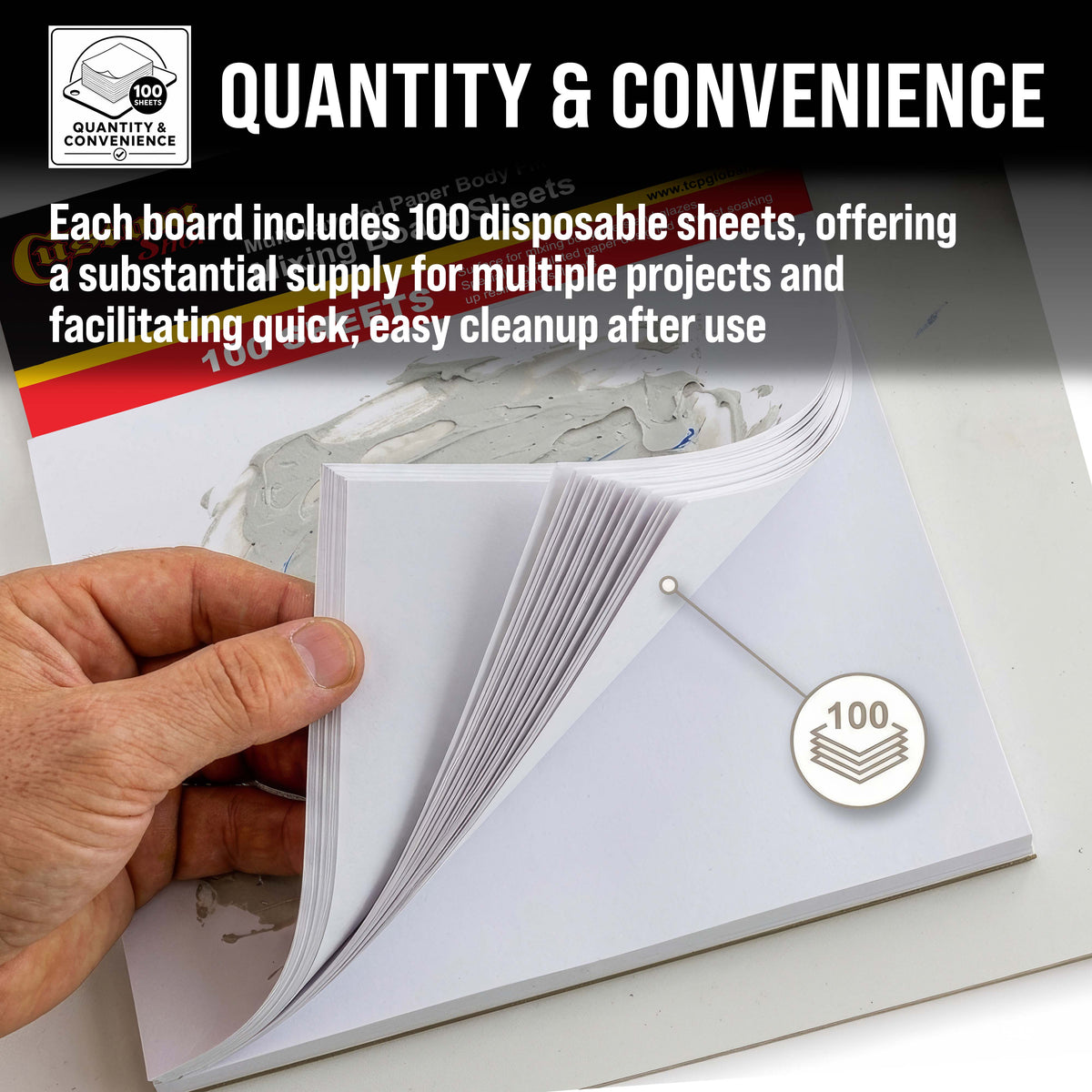 Multi-Layered Disposable Paper Body Filler Mixing Board (100 Sheets) - Automotive Body Filler Spreader Board, Clean Sheets for Mixing
