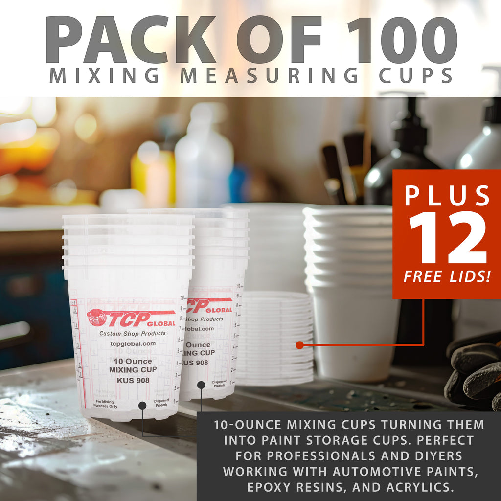Paint Mixing Cups, 10-Ounce (Box of 100) - Plastic Measuring Cups for Liquids, Automotive Painting, Epoxy Resin, Acrylic Arts, Crafts