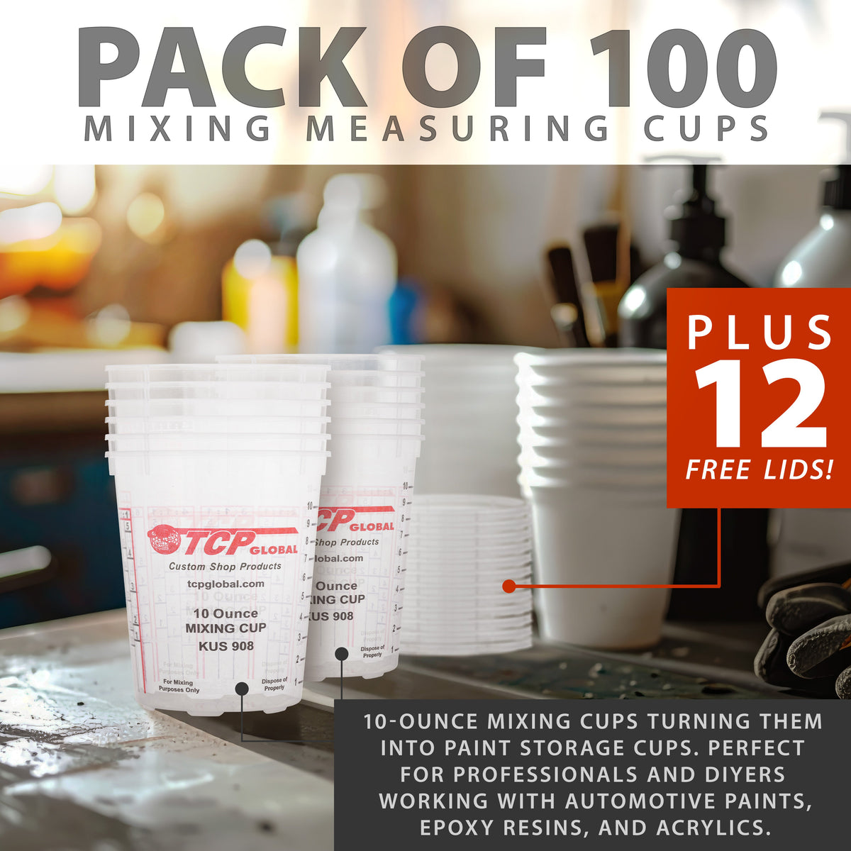 Paint Mixing Cups, 10-Ounce (Box of 100) - Plastic Measuring Cups for Liquids, Automotive Painting, Epoxy Resin, Acrylic Arts, Crafts
