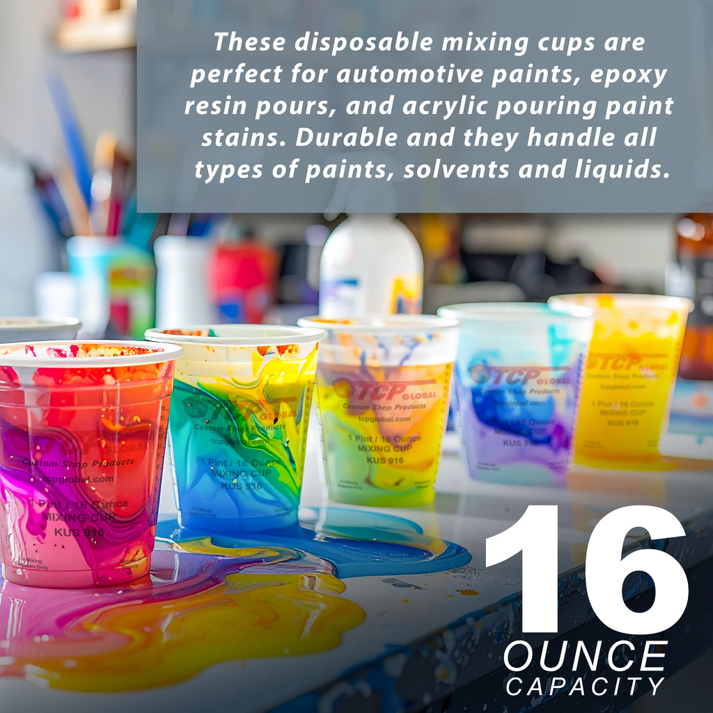 Paint Mixing Cups, 16-Ounce (Box of 100) - Plastic Measuring Cups for Liquids, Automotive Painting, Epoxy Resin, Acrylic Arts, Crafts
