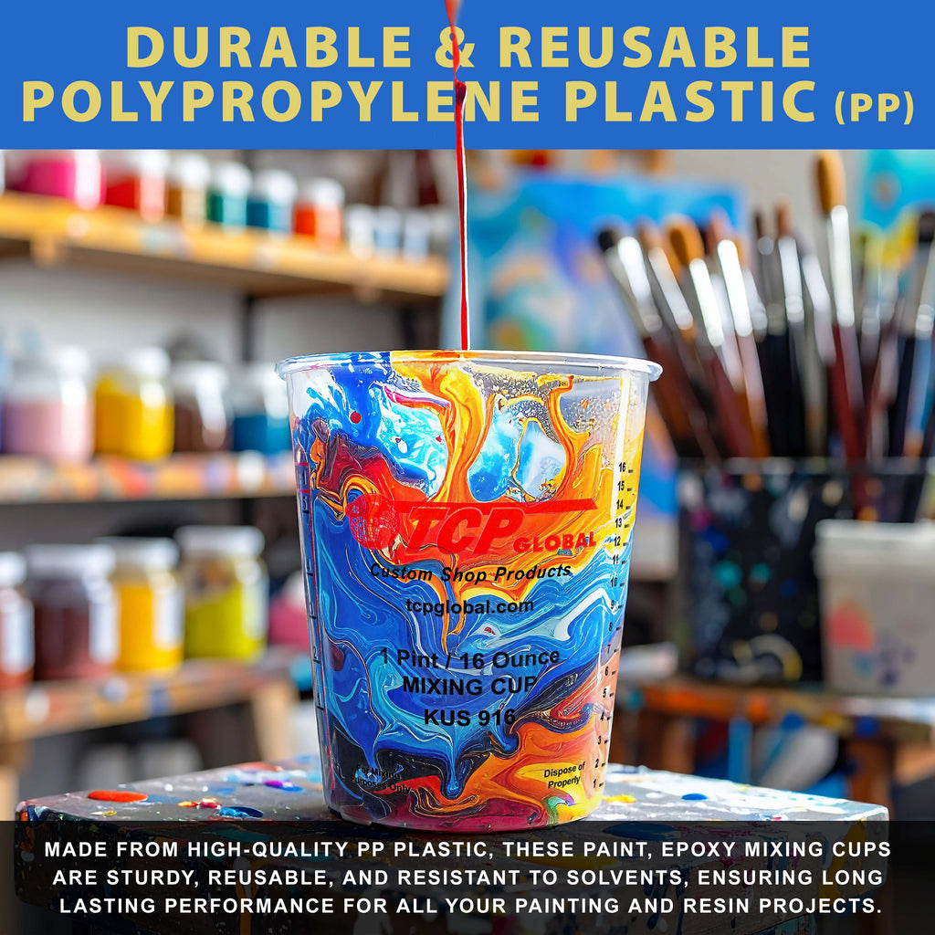 Paint Mixing Cups, 16-Ounce (Box of 100) - Plastic Measuring Cups for Liquids, Automotive Painting, Epoxy Resin, Acrylic Arts, Crafts