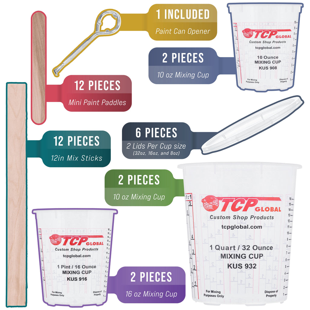 Complete Paint Mixing Kit - 12 Cups with Lids, Mixing Sticks, Paddles, Strainers - Epoxy Resin Measuring Cups, Plastic Paint Cup Containers for