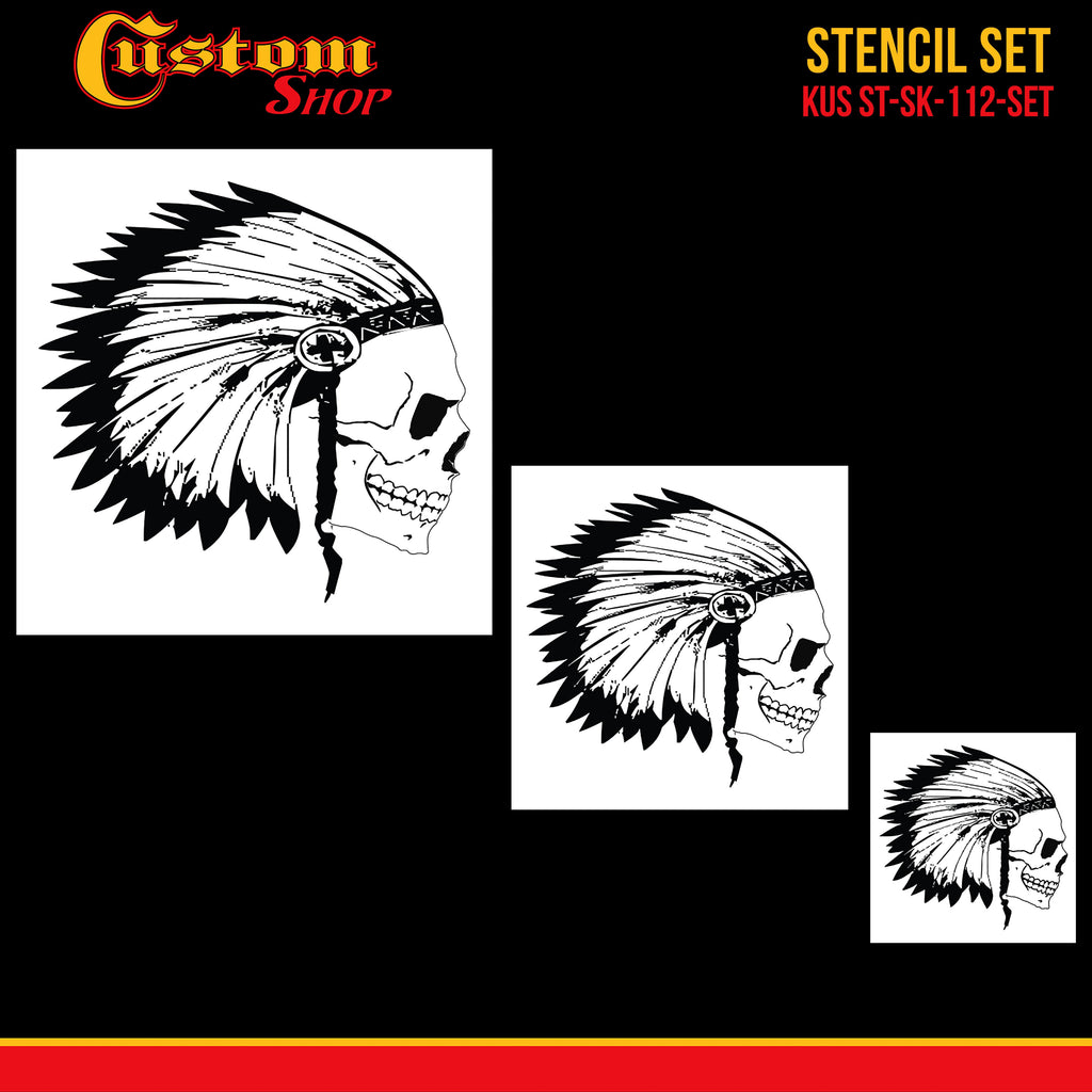 Airbrush Skeleton Skull Indian Chief Stencil Set (Skull Design #12 in 3 Scale Sizes) - Laser Cut Reusable Templates