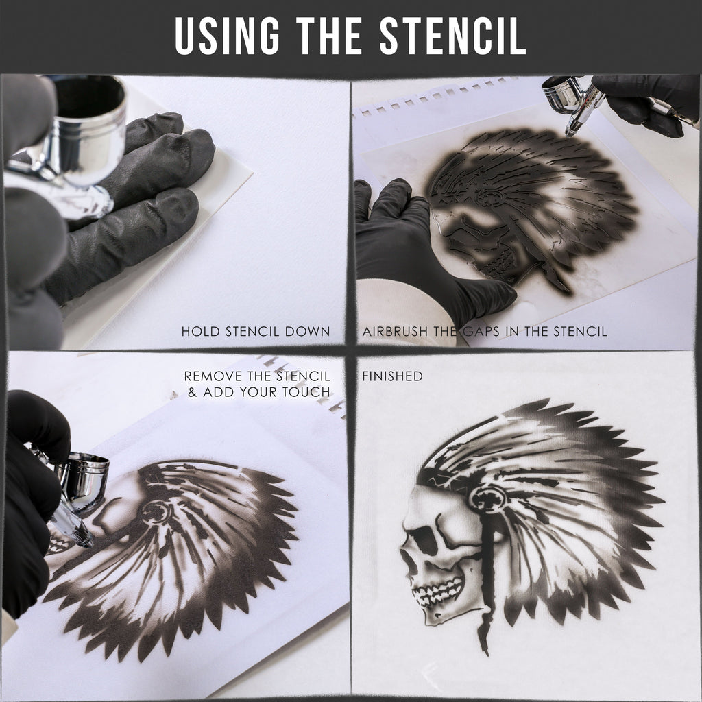 Airbrush Skeleton Skull Indian Chief Stencil Set (Skull Design #12 in 3 Scale Sizes) - Laser Cut Reusable Templates